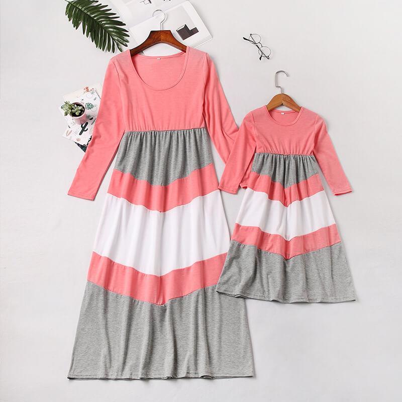 Pink-gray Long-sleeve Stitching Striped Matching Dresses (3646340071508)