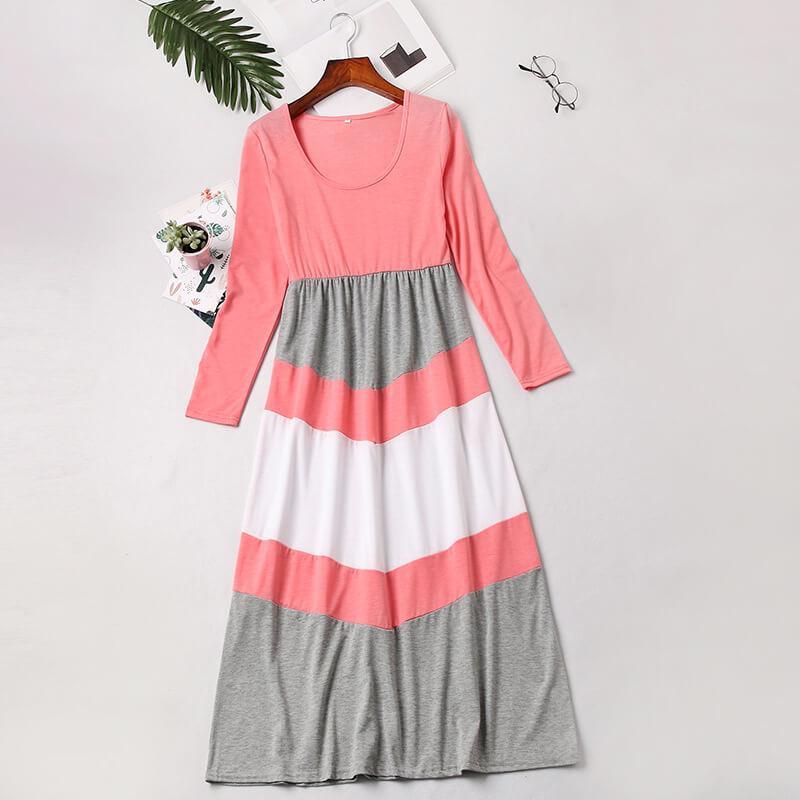 Pink-gray Long-sleeve Stitching Striped Matching Dresses (3646340071508)