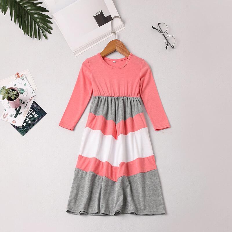 Pink-gray Long-sleeve Stitching Striped Matching Dresses (3646340071508)