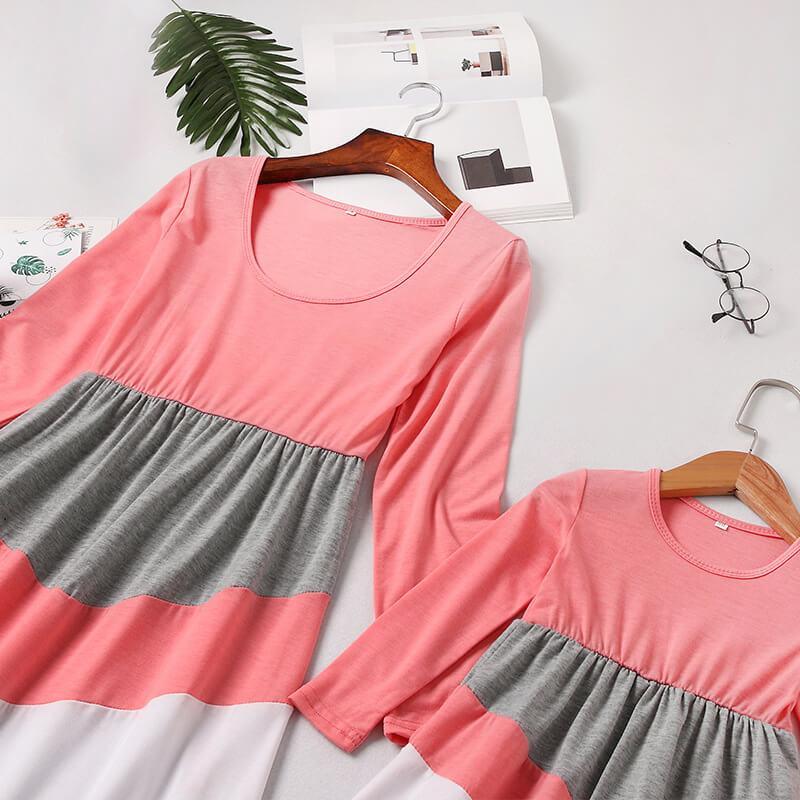 Pink-gray Long-sleeve Stitching Striped Matching Dresses (3646340071508)