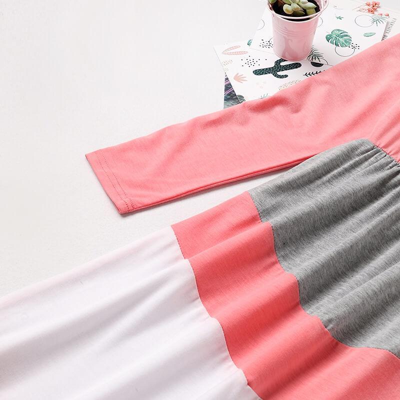 Pink-gray Long-sleeve Stitching Striped Matching Dresses (3646340071508)