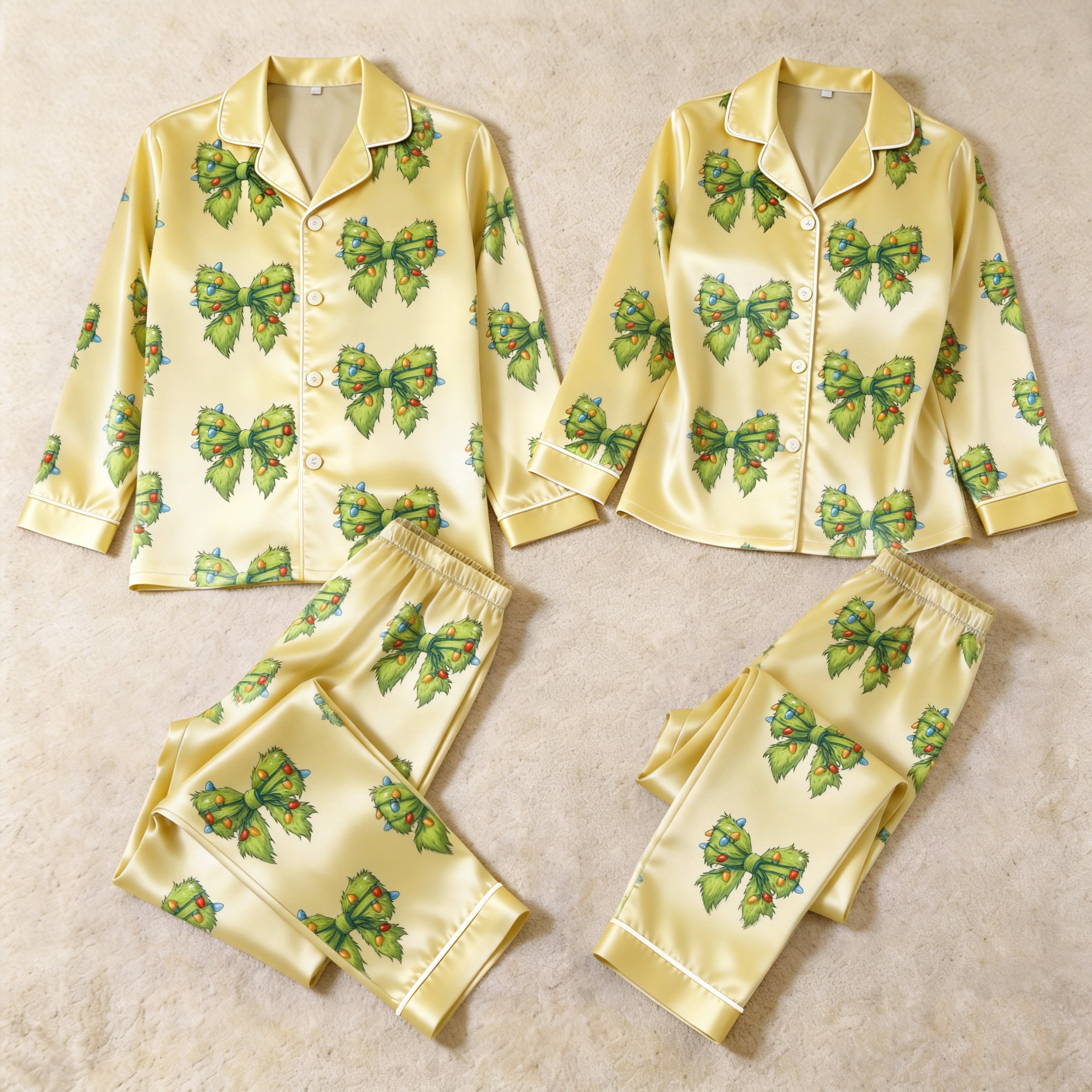 Lighted Faux Fur Bow Yellow Satin Matching Pajamas for Couples – Long Sleeve Button-Down Top & Pants Sleepwear Set