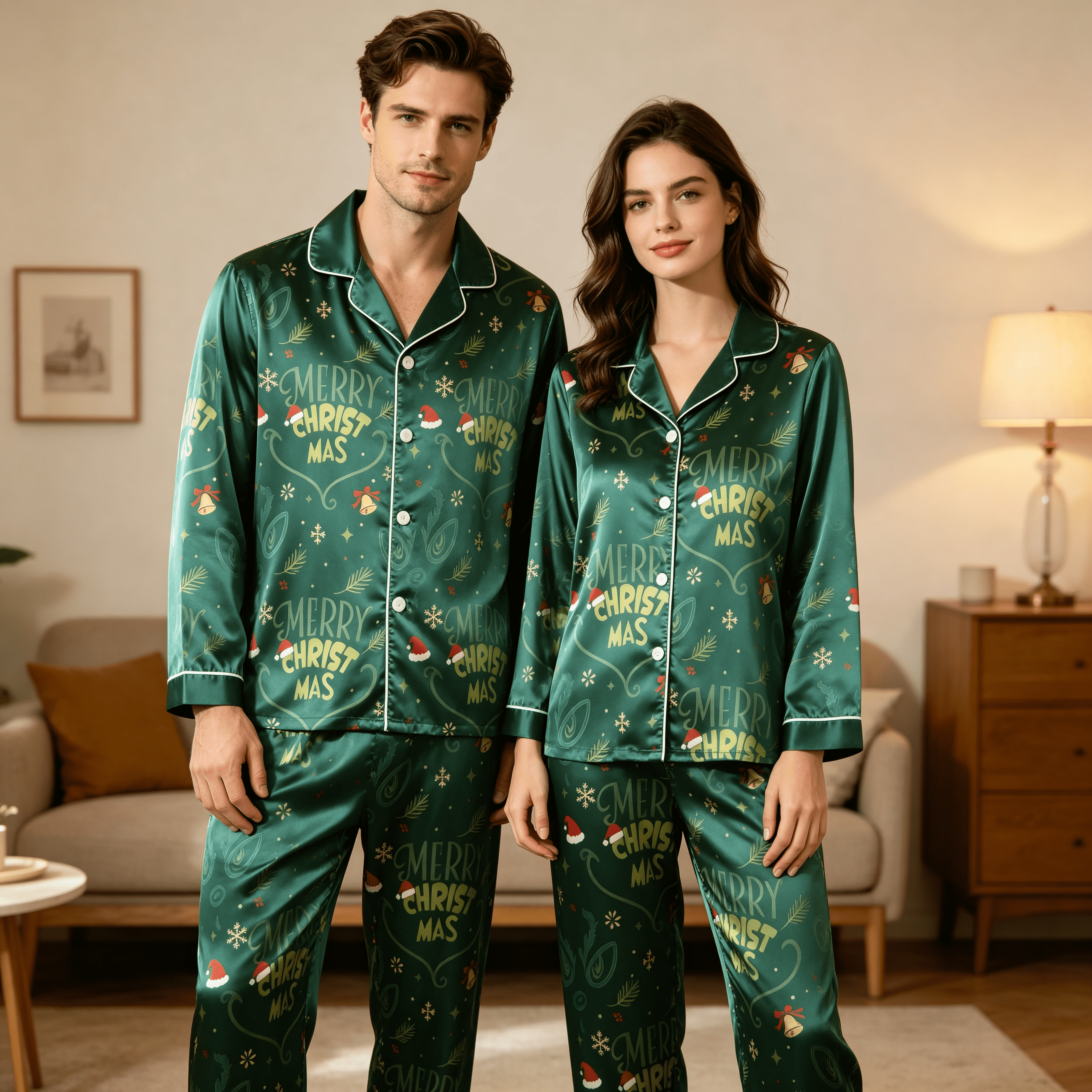 Merry Christmas Green Satin Matching Pajamas for Couples – Long Sleeve Button-Down Top & Pants Sleepwear Set
