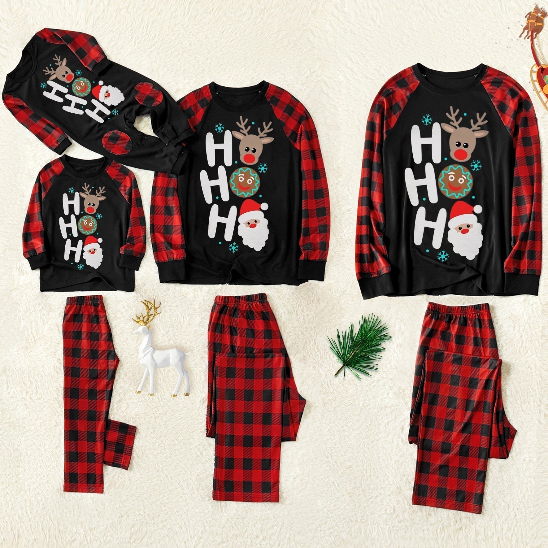Christmas ”Ho Ho Ho“ Letter Print Santa Claus & Gingerbread & Elk Patterned Contrast Black top and Black & Red Plaid Pants Family Matching Pajamas Set With Dog Bandana