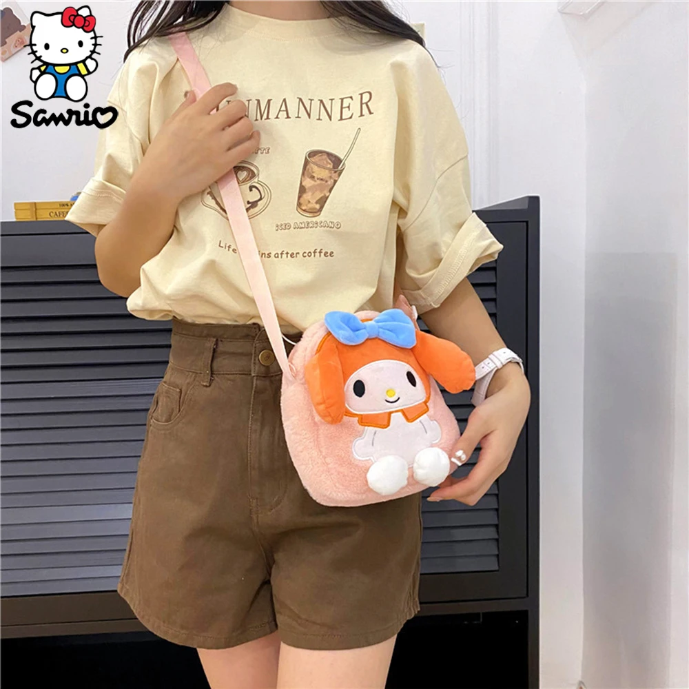 Kawaii Sanrio Plush Shoulder Bags Sanrioed Kuromi Hello Kitty My Melody Messenger Bag Soft Plush Small Square Bag For Girl Gifts