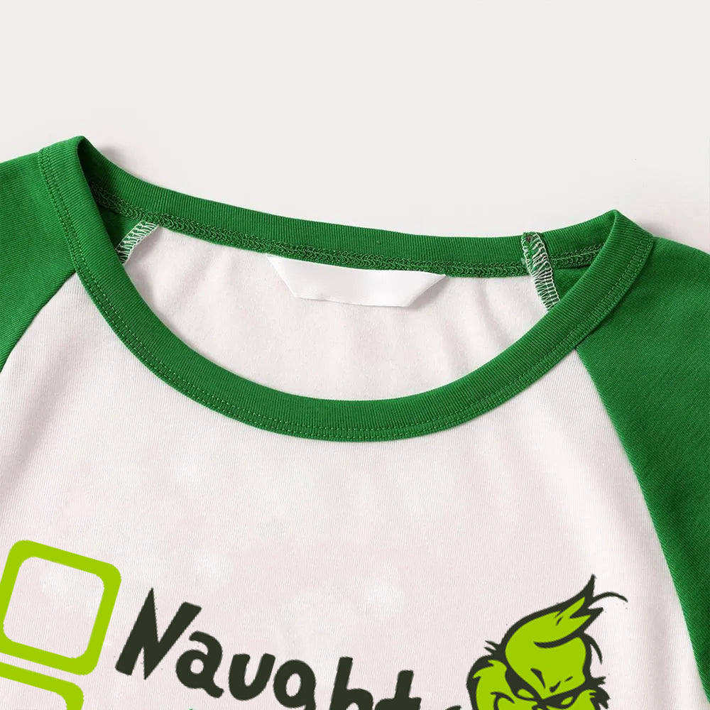 Christmas "Naughty&Nice& I Tried" Letter Print Patterned Casual Long Sleeve Sweatshirts Green Contrast Tops and Black and Green Plaid Pants Family Matching Raglan Long-sleeve Pajamas Sets With Pet Bandana