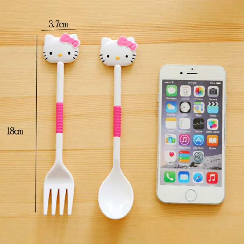 2PCS/Set Sanrio Hello Kitty Spoon Fork Baby Girls Feeding Tableware Children Travel Portable Dinnerware Kitchen Accessories Gift