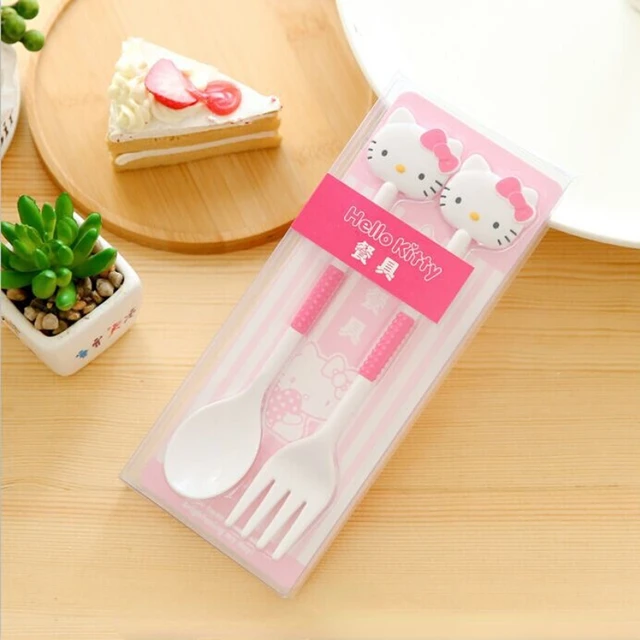 2PCS/Set Sanrio Hello Kitty Spoon Fork Baby Girls Feeding Tableware Children Travel Portable Dinnerware Kitchen Accessories Gift