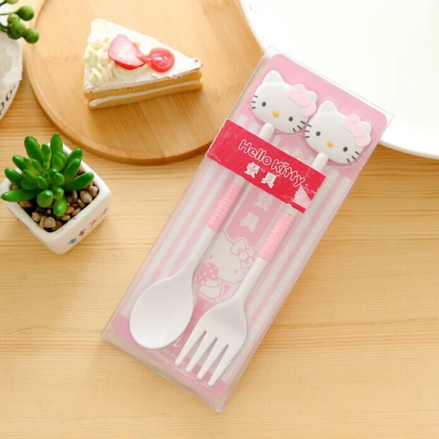 2PCS/Set Sanrio Hello Kitty Spoon Fork Baby Girls Feeding Tableware Children Travel Portable Dinnerware Kitchen Accessories Gift