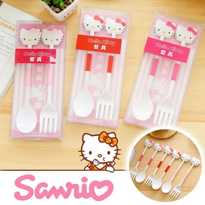 2PCS/Set Sanrio Hello Kitty Spoon Fork Baby Girls Feeding Tableware Children Travel Portable Dinnerware Kitchen Accessories Gift