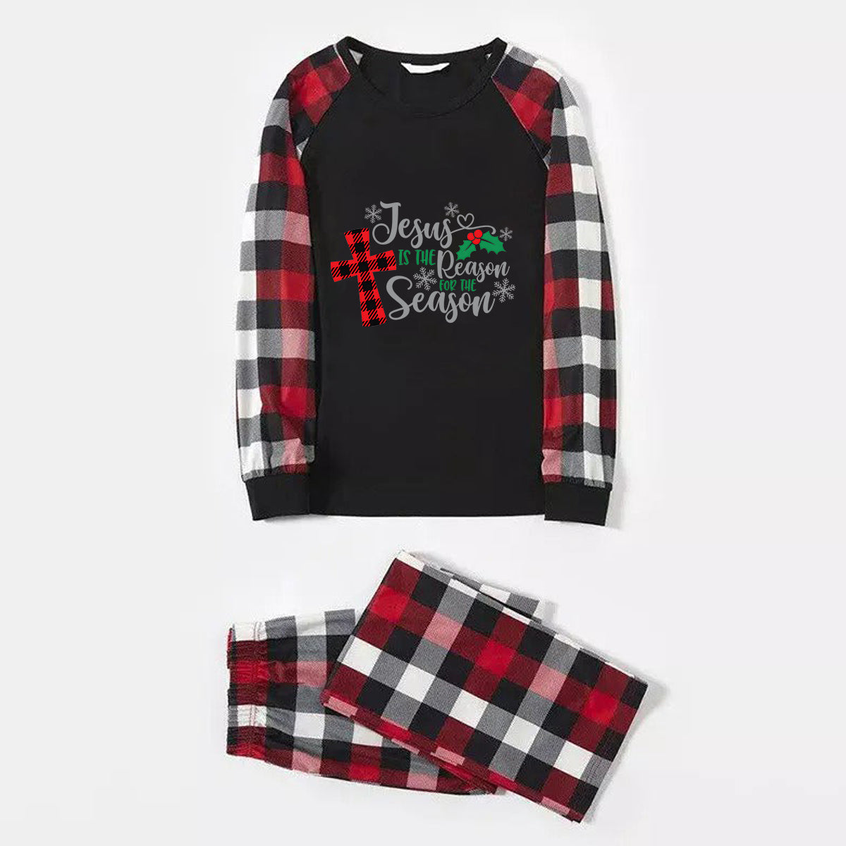 Jesus Cross Christmas Snowflake Patterned and 'Jesus Is The Reason For The Season' Letter Print Contrast Tops and Red & Black & White Plaid Pants Family Matching Pajamas Set With Dog Bandana