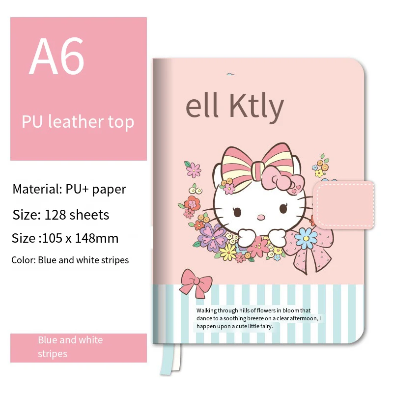 A6 Cute Hello Kitty MINISO Anime Leather Magnetic Buckle Notebook Student Planner Write Office Portable Kawaii School Stationery