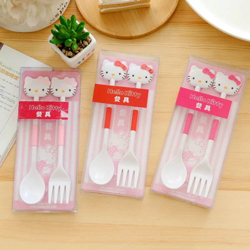 2PCS/Set Sanrio Hello Kitty Spoon Fork Baby Girls Feeding Tableware Children Travel Portable Dinnerware Kitchen Accessories Gift