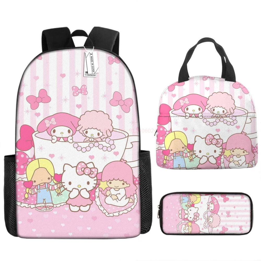 3pcs/set Kids Sanrio Hello Kitty Series Backpack Pencil Case Meal Bag Air Cushion Harness Waterproof Spine Protection Schoolbag
