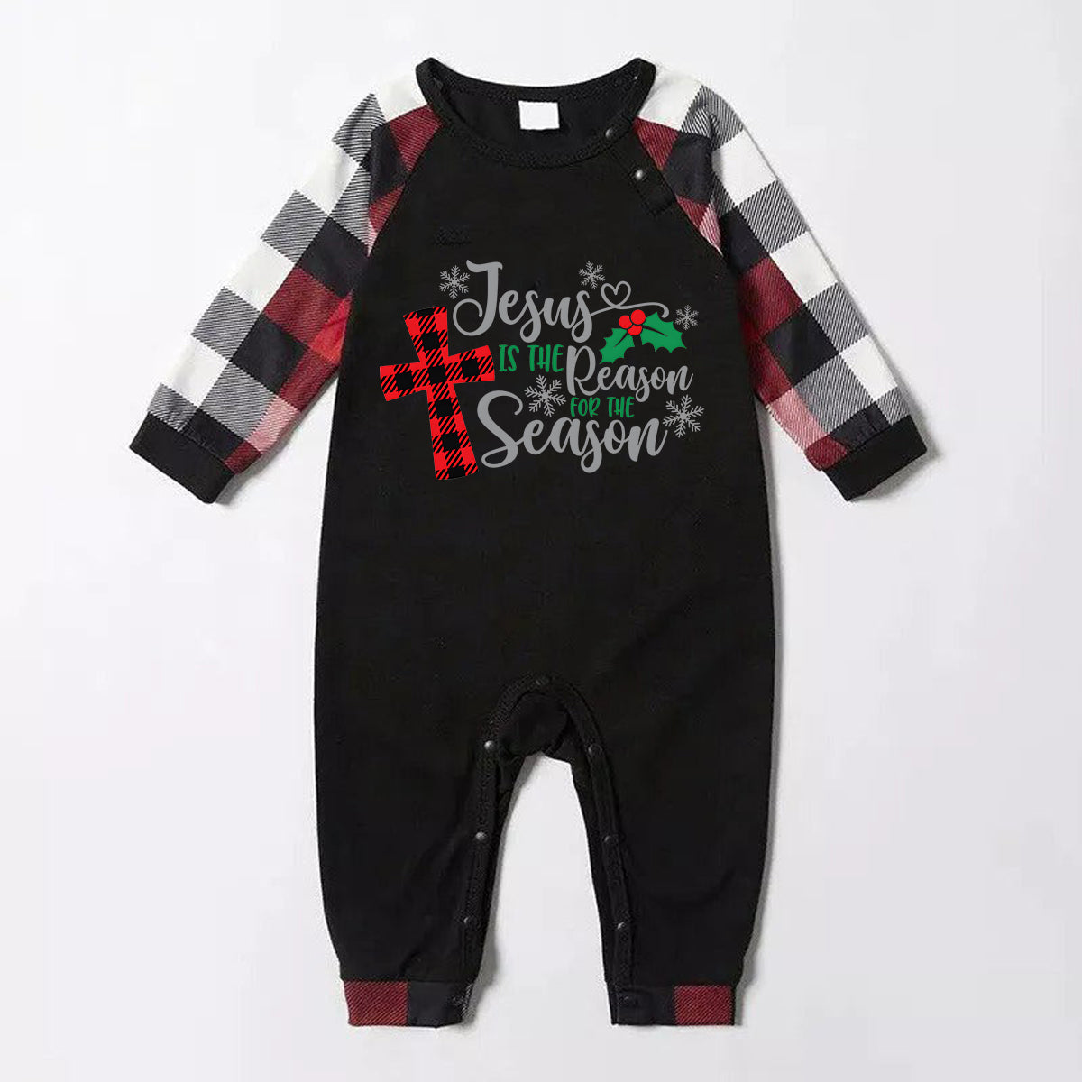 Jesus Cross Christmas Snowflake Patterned and 'Jesus Is The Reason For The Season' Letter Print Contrast Tops and Red & Black & White Plaid Pants Family Matching Pajamas Set With Dog Bandana