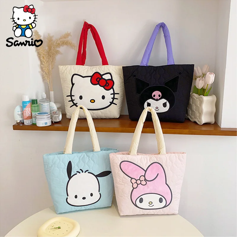 Cute Sanrio Handbag Down Cloth Shoulder Bag My Melody Kuromi Tote Bag High Capacity Cosmetic Storage Bag For Women Birthday Gift