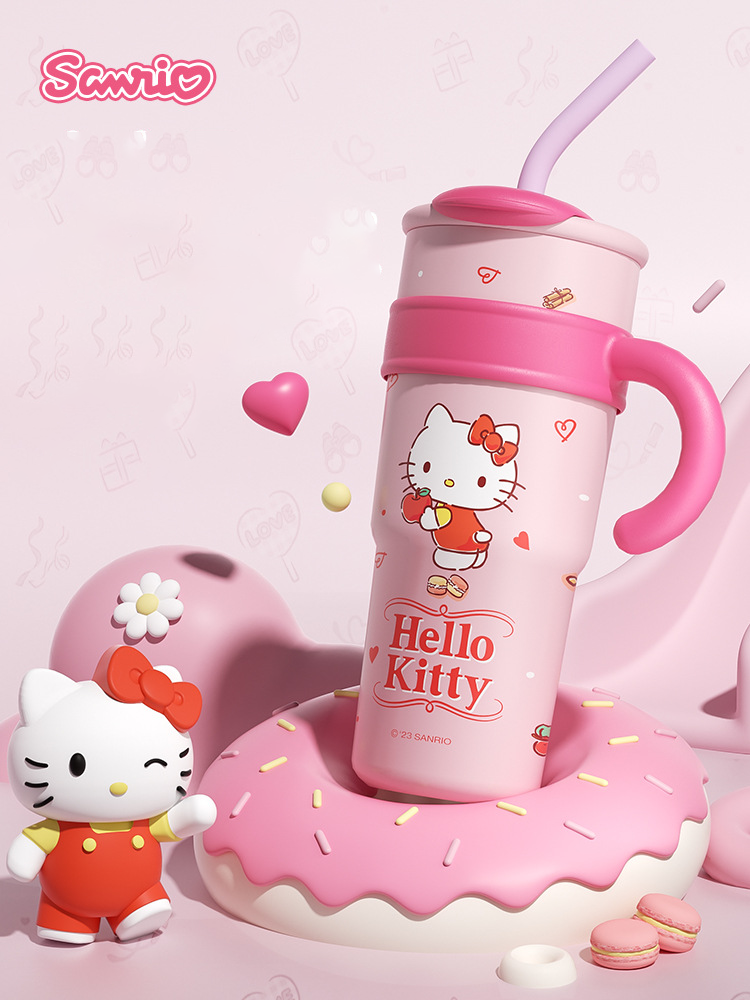 Sanrio Hello Kitty Vacuum Insulated Stainless Steel Travel Tumbler with Splash-Proof Lid, Includes Reusable Plastic Straw and Fits in Car Cup Holders