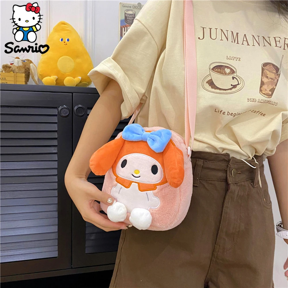 Kawaii Sanrio Plush Shoulder Bags Sanrioed Kuromi Hello Kitty My Melody Messenger Bag Soft Plush Small Square Bag For Girl Gifts