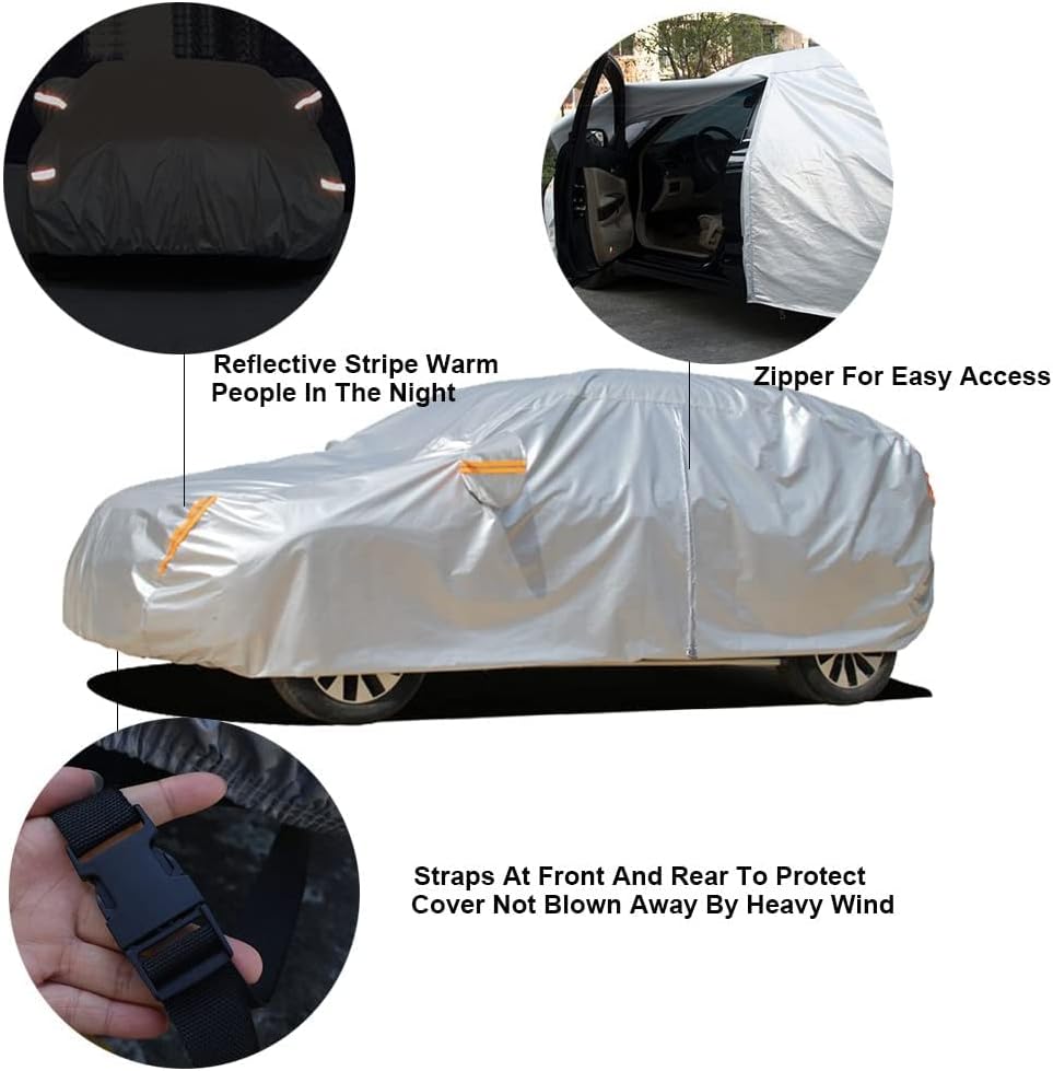 Car Cover Waterproof All Weather for Automobiles, Outdoor Full Cover Rain Sun UV Protection with Zipper Cotton, Size A2 3XL Universal Fit for Sedan (186-193 inch)