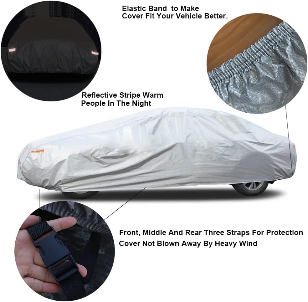 Car Cover Waterproof All Weather for Automobiles, Outdoor Full Cover Rain Sun UV Protection with Zipper Cotton, Size A2 3XL Universal Fit for Sedan (186-193 inch)