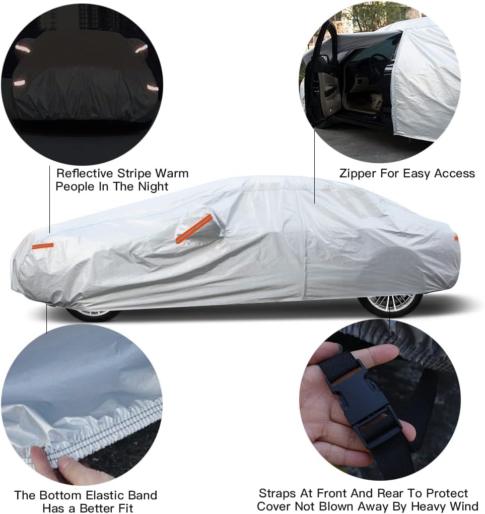 Car Cover Waterproof All Weather for Automobiles, Outdoor Full Cover Rain Sun UV Protection with Zipper Cotton, Size A2 3XL Universal Fit for Sedan (186-193 inch)