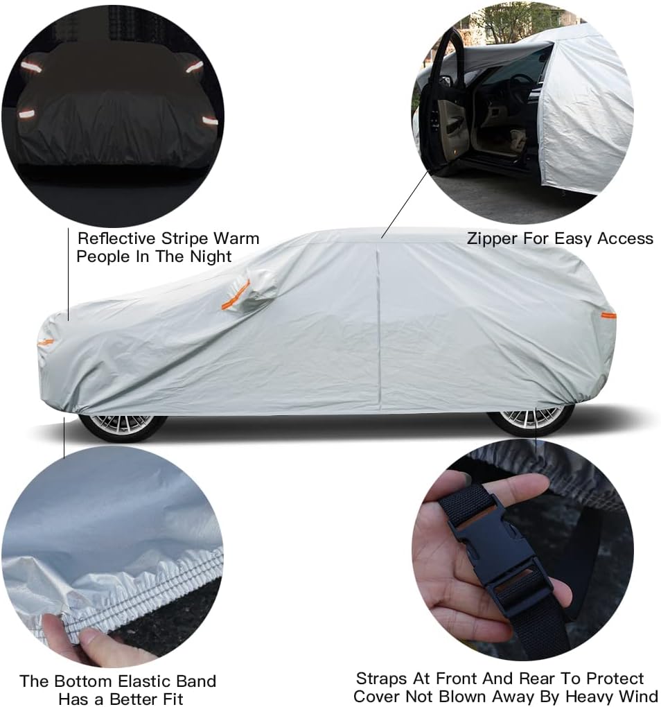 Car Cover Waterproof All Weather for Automobiles, Outdoor Full Cover Rain Sun UV Protection with Zipper Cotton, Size A2 3XL Universal Fit for Sedan (186-193 inch)