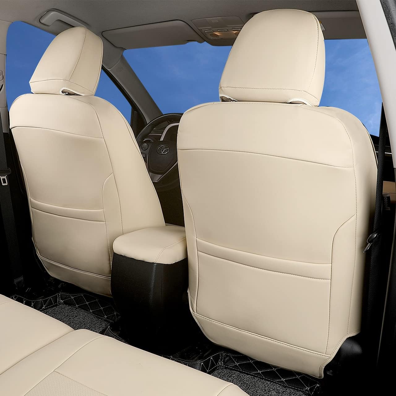 Custom Fit for Toyota RAV4 2013 2014 2015 2016 2017 2018 Car Seat Covers with Waterproof Faux Leather Full Set (Beige, RAV4 2013-2018)