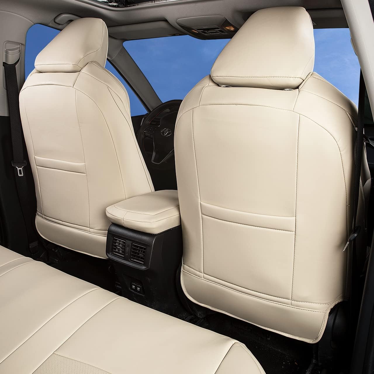 Custom Fit for Toyota RAV4 2013 2014 2015 2016 2017 2018 Car Seat Covers with Waterproof Faux Leather Full Set (Beige, RAV4 2013-2018)