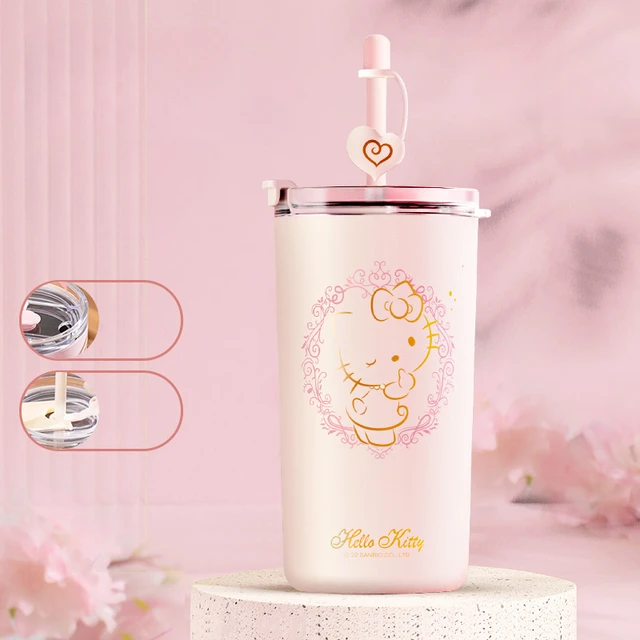 Kawaii Sanrio Hello Kitty Children's Water Cup Cartoon Students Portable Vacuum Water Cup Stainless Steel Straw Insulation Cup