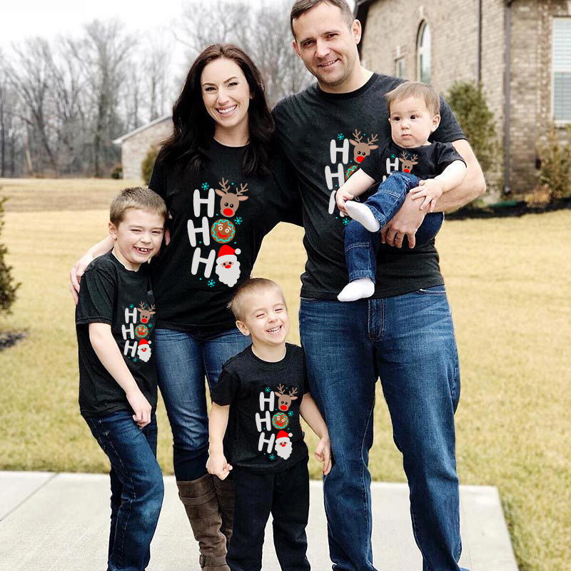 'Ho Ho Ho' Letter Pattern Family Christmas Matching Pajamas Tops Cute Black Short Sleeve T-shirt With Dog Bandana