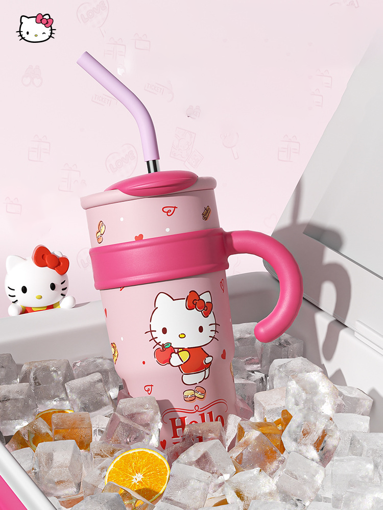 Sanrio Hello Kitty Vacuum Insulated Stainless Steel Travel Tumbler with Splash-Proof Lid, Includes Reusable Plastic Straw and Fits in Car Cup Holders
