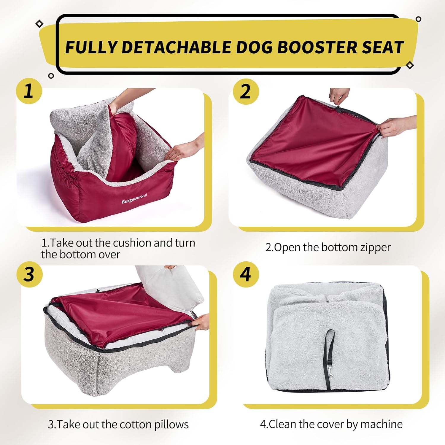 BurgeonNest Dog Car Seat for Small Dogs, Fully Detachable and Washable Dog Carseats Small Under 25, Soft Dog Booster Seats with Storage Pockets and Clip-On Leash Portable Dog Car Travel Carrier Bed