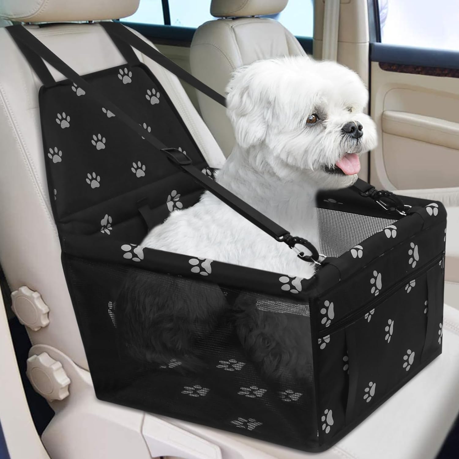 PetsHome Dog Car Seat Foldable Dog Car Booster Seat Waterproof Breathable Oxford Travel Bag for Small to Medium Dogs, Puppies, and Pets-Pattern Black