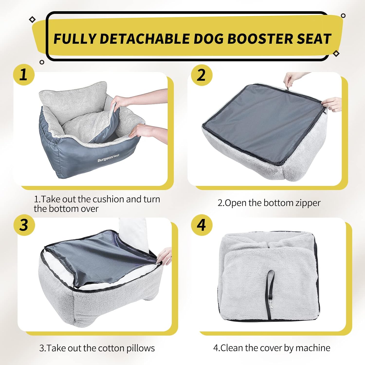 BurgeonNest Dog Car Seat for Small Dogs, Fully Detachable and Washable Dog Carseats Small Under 25, Soft Dog Booster Seats with Storage Pockets and Clip-On Leash Portable Dog Car Travel Carrier Bed