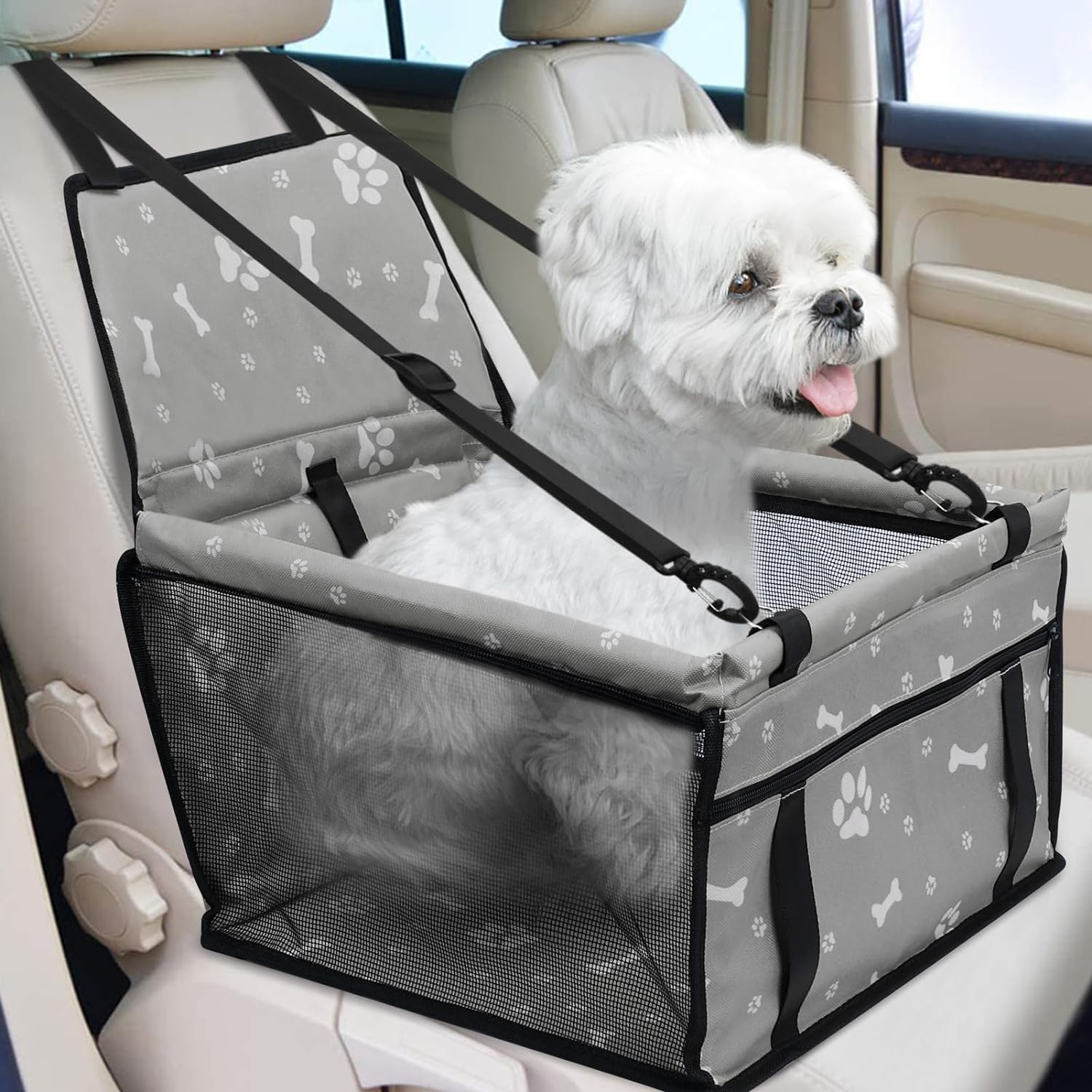 PetsHome Dog Car Seat Foldable Dog Car Booster Seat Waterproof Breathable Oxford Travel Bag for Small to Medium Dogs, Puppies, and Pets-Pattern Black