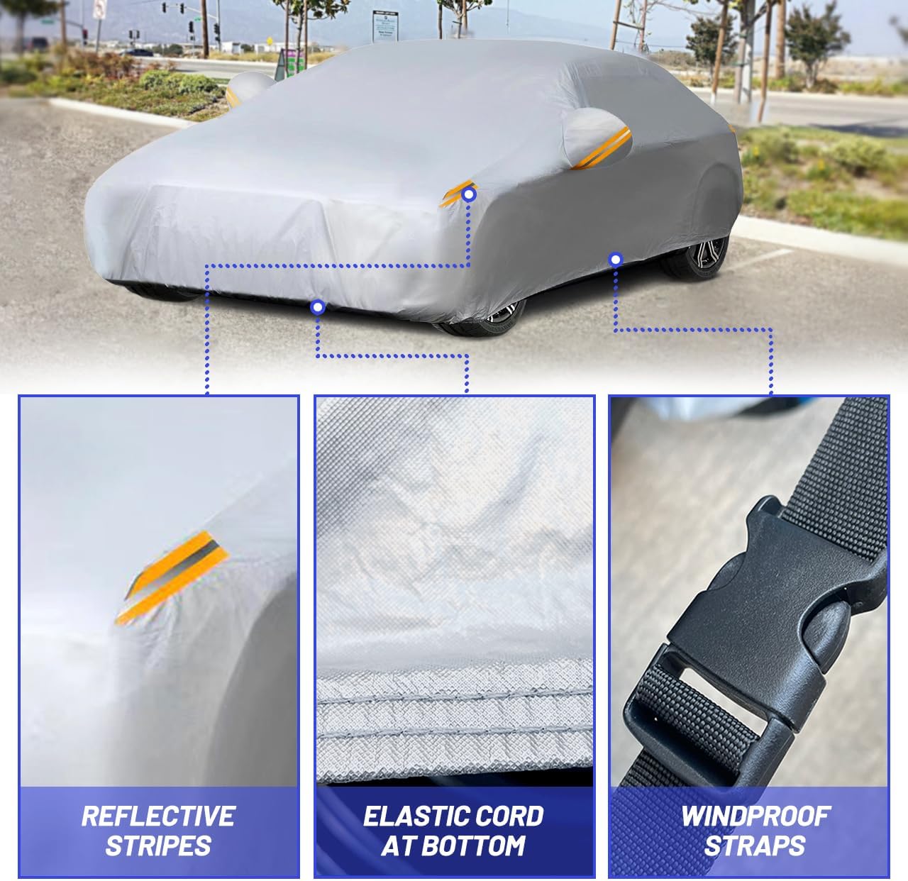 MORNYRAY Waterproof Car Cover All Weather Snowproof UV Protection Windproof Outdoor Full car Cover, Universal Fit for Sedan (Fit Sedan Length 194-206 inch, Blue)