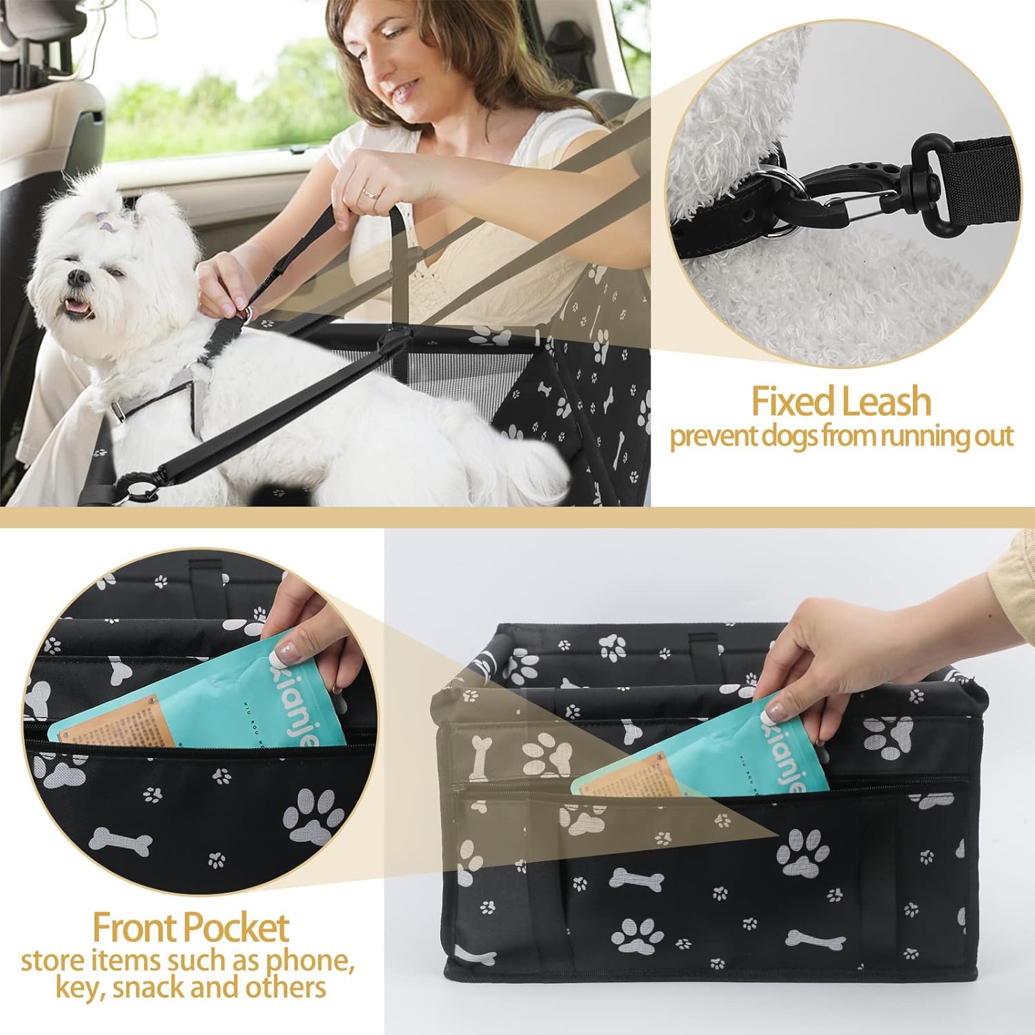 PetsHome Dog Car Seat Foldable Dog Car Booster Seat Waterproof Breathable Oxford Travel Bag for Small to Medium Dogs, Puppies, and Pets-Pattern Black
