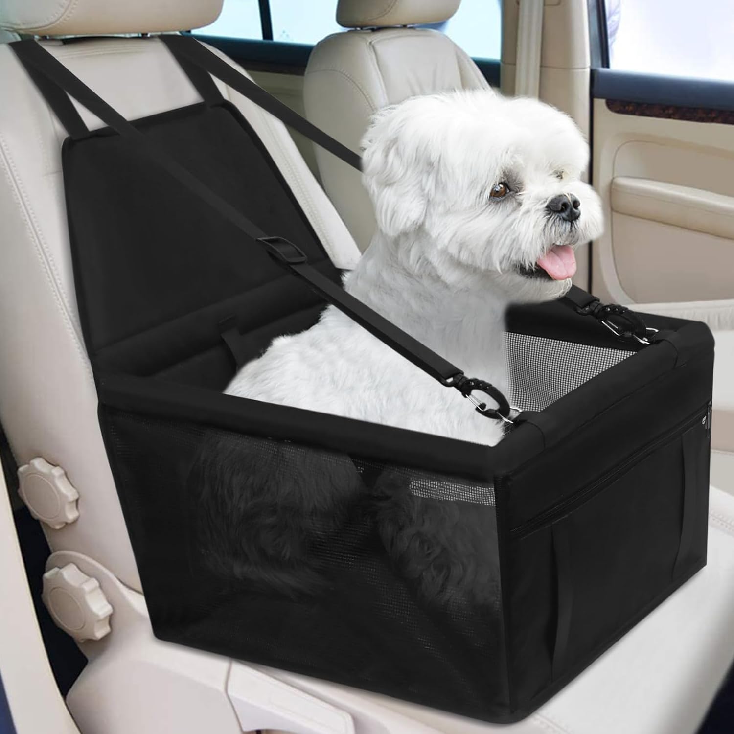 PetsHome Dog Car Seat Foldable Dog Car Booster Seat Waterproof Breathable Oxford Travel Bag for Small to Medium Dogs, Puppies, and Pets-Pattern Black