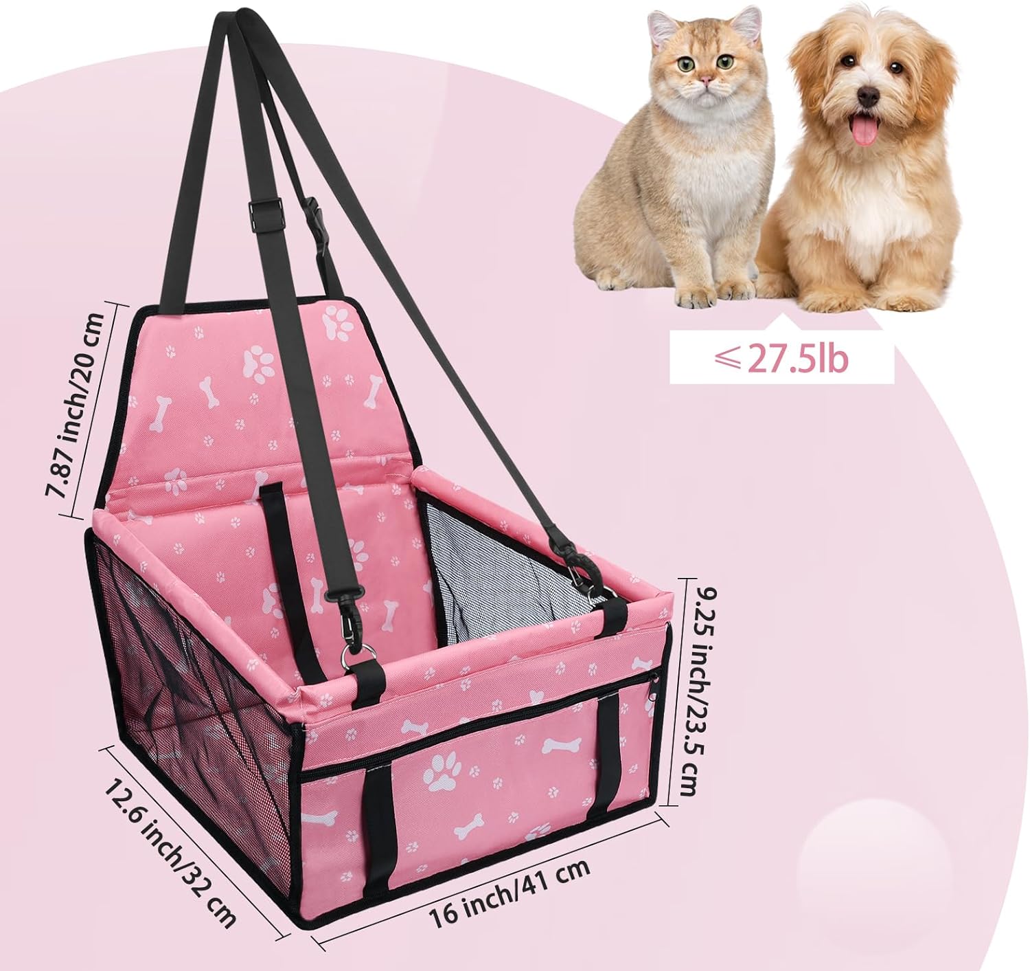 PetsHome Dog Car Seat Foldable Dog Car Booster Seat Waterproof Breathable Oxford Travel Bag for Small to Medium Dogs, Puppies, and Pets-Pattern Black