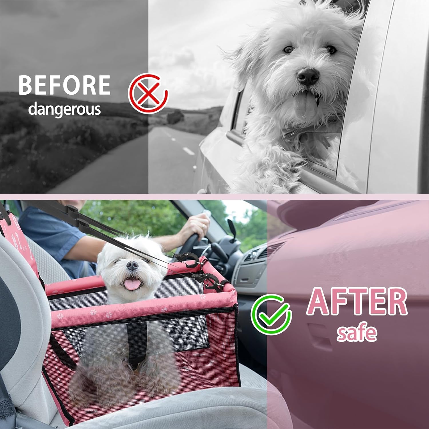 PetsHome Dog Car Seat Foldable Dog Car Booster Seat Waterproof Breathable Oxford Travel Bag for Small to Medium Dogs, Puppies, and Pets-Pattern Black