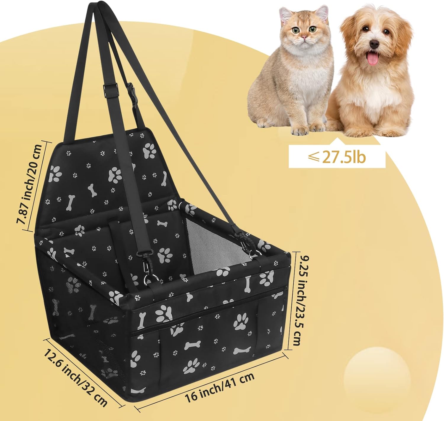 PetsHome Dog Car Seat Foldable Dog Car Booster Seat Waterproof Breathable Oxford Travel Bag for Small to Medium Dogs, Puppies, and Pets-Pattern Black