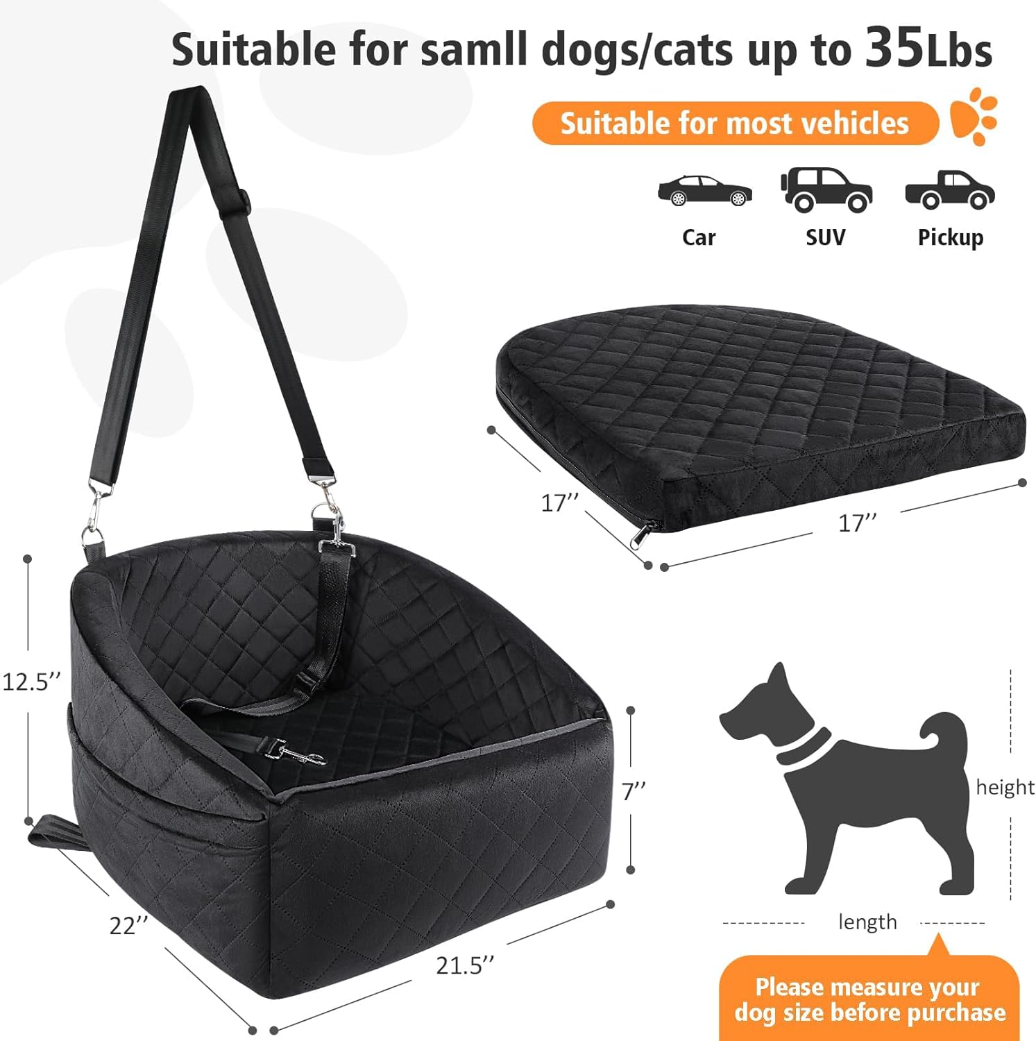 Dog Car Seat for Small Dogs Detachable Washable Dog Booster Seat for Medium Dogs Under 35lbs, Pet Car Seat Travel Bed with Storage Pockets and Dog Safety Belt