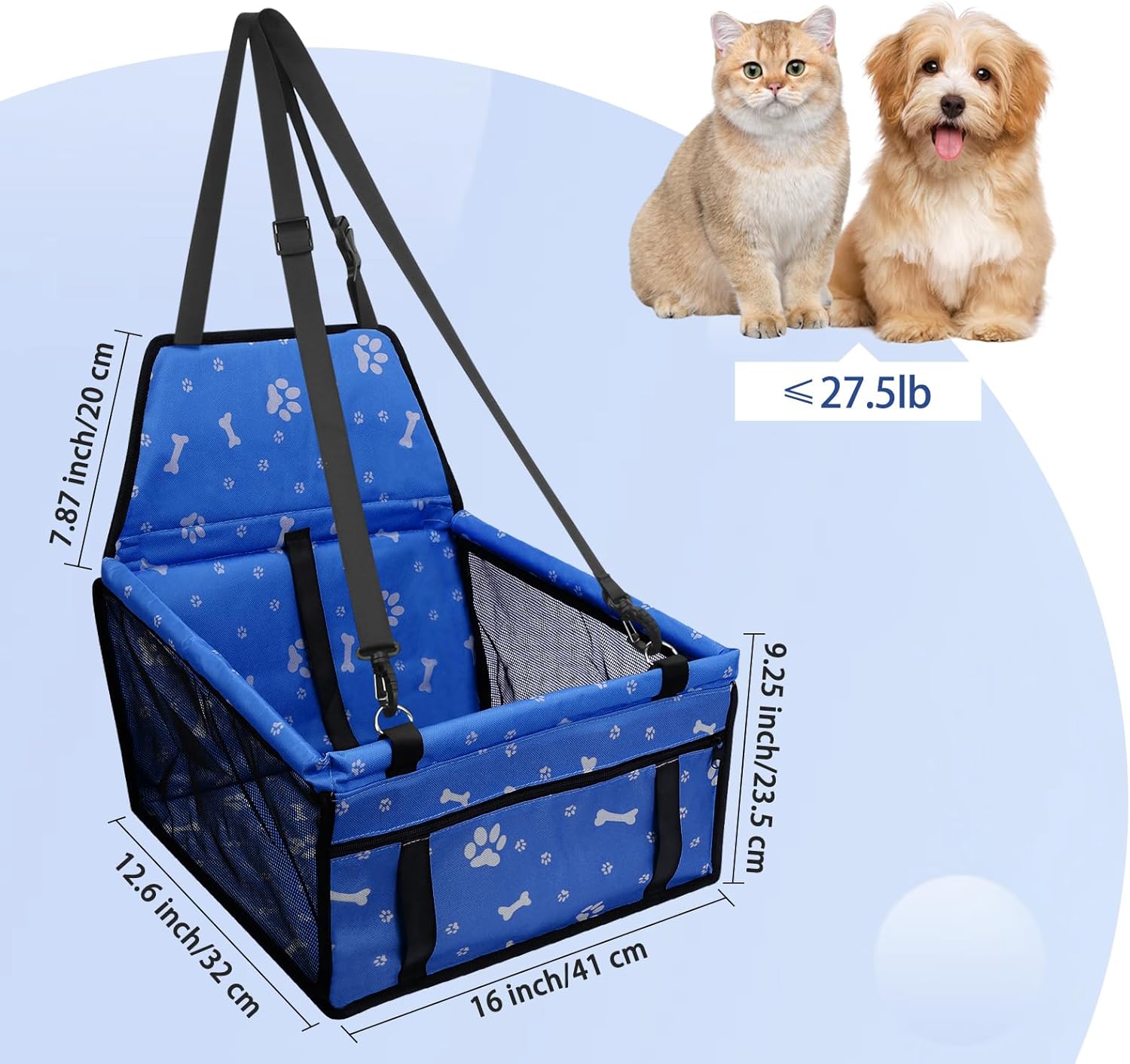 PetsHome Dog Car Seat Foldable Dog Car Booster Seat Waterproof Breathable Oxford Travel Bag for Small to Medium Dogs, Puppies, and Pets-Pattern Black