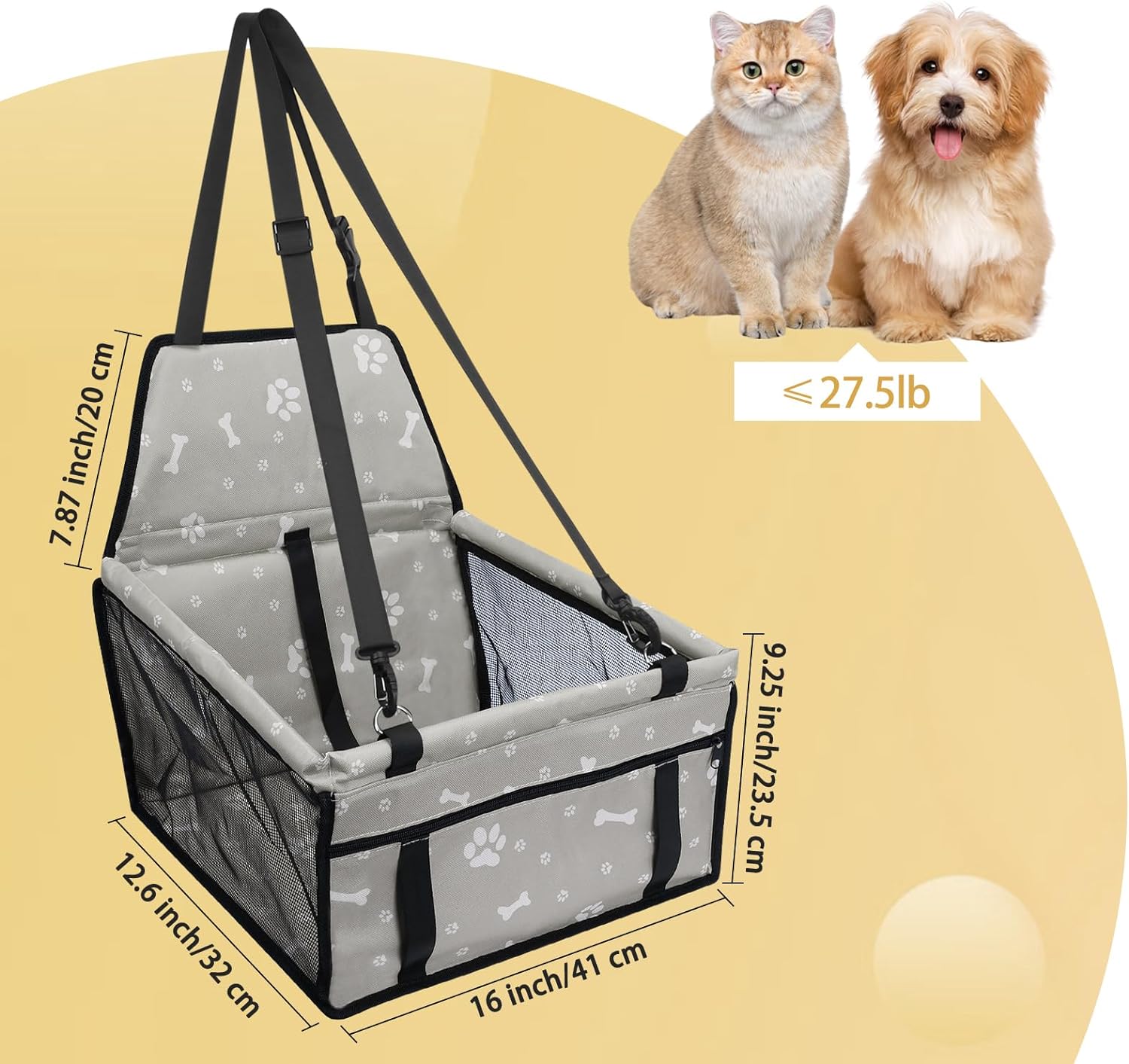 PetsHome Dog Car Seat Foldable Dog Car Booster Seat Waterproof Breathable Oxford Travel Bag for Small to Medium Dogs, Puppies, and Pets-Pattern Black