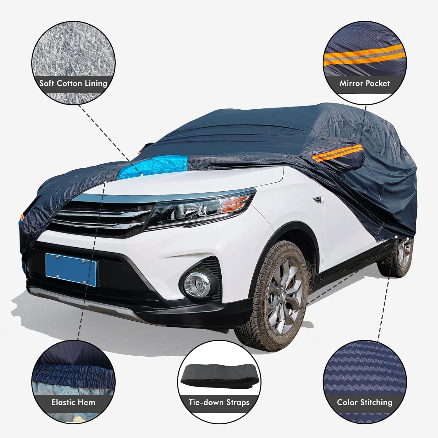 Car Cover Waterproof All Weather for Automobiles, 6 Layers Outdoor Full Exterior Cover Rain Sun UV Snowproof Protection with Zipper Cotton, Mirror Pocket for Sedan (190-195 inch)