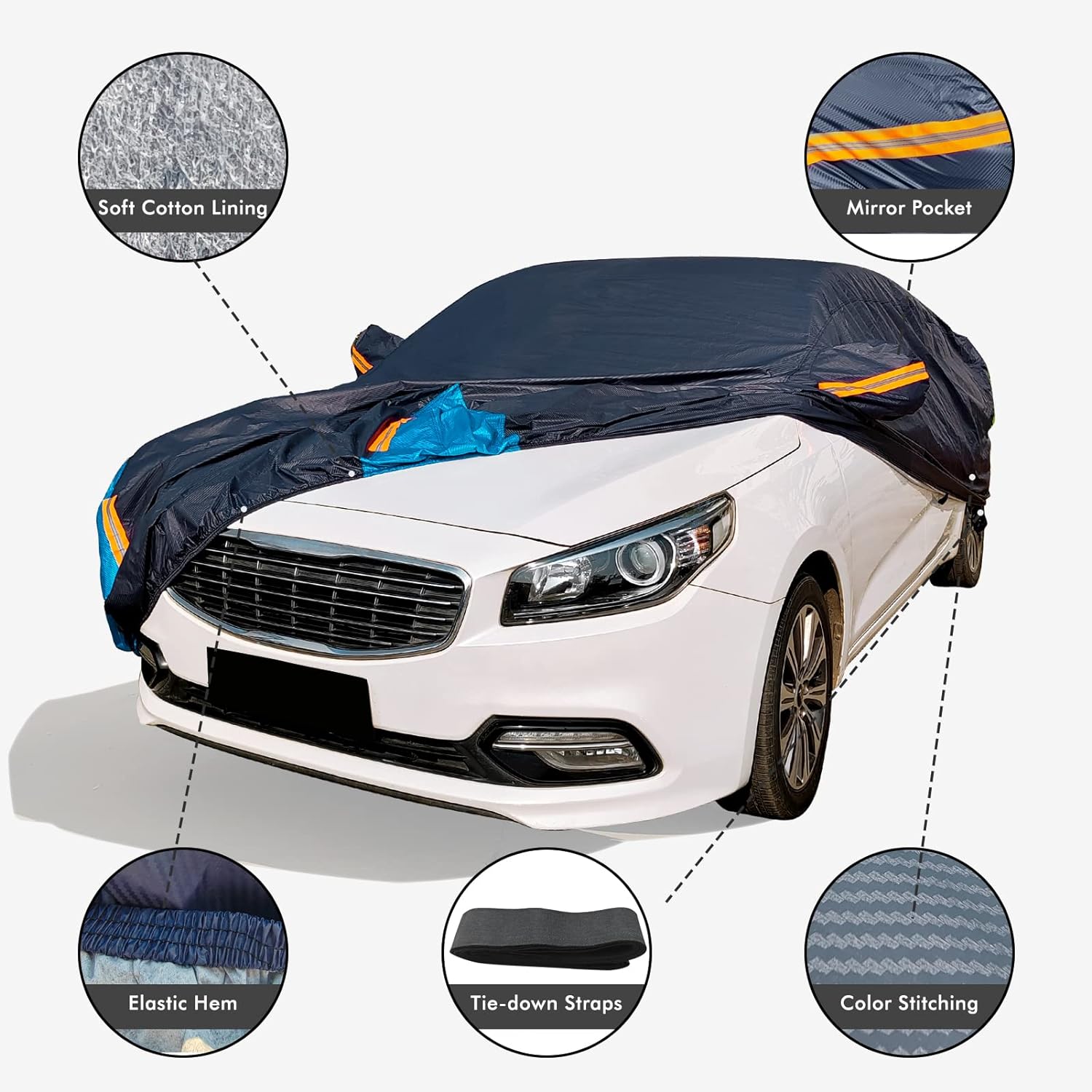 Car Cover Waterproof All Weather for Automobiles, 6 Layers Outdoor Full Exterior Cover Rain Sun UV Snowproof Protection with Zipper Cotton, Mirror Pocket for Sedan (190-195 inch)