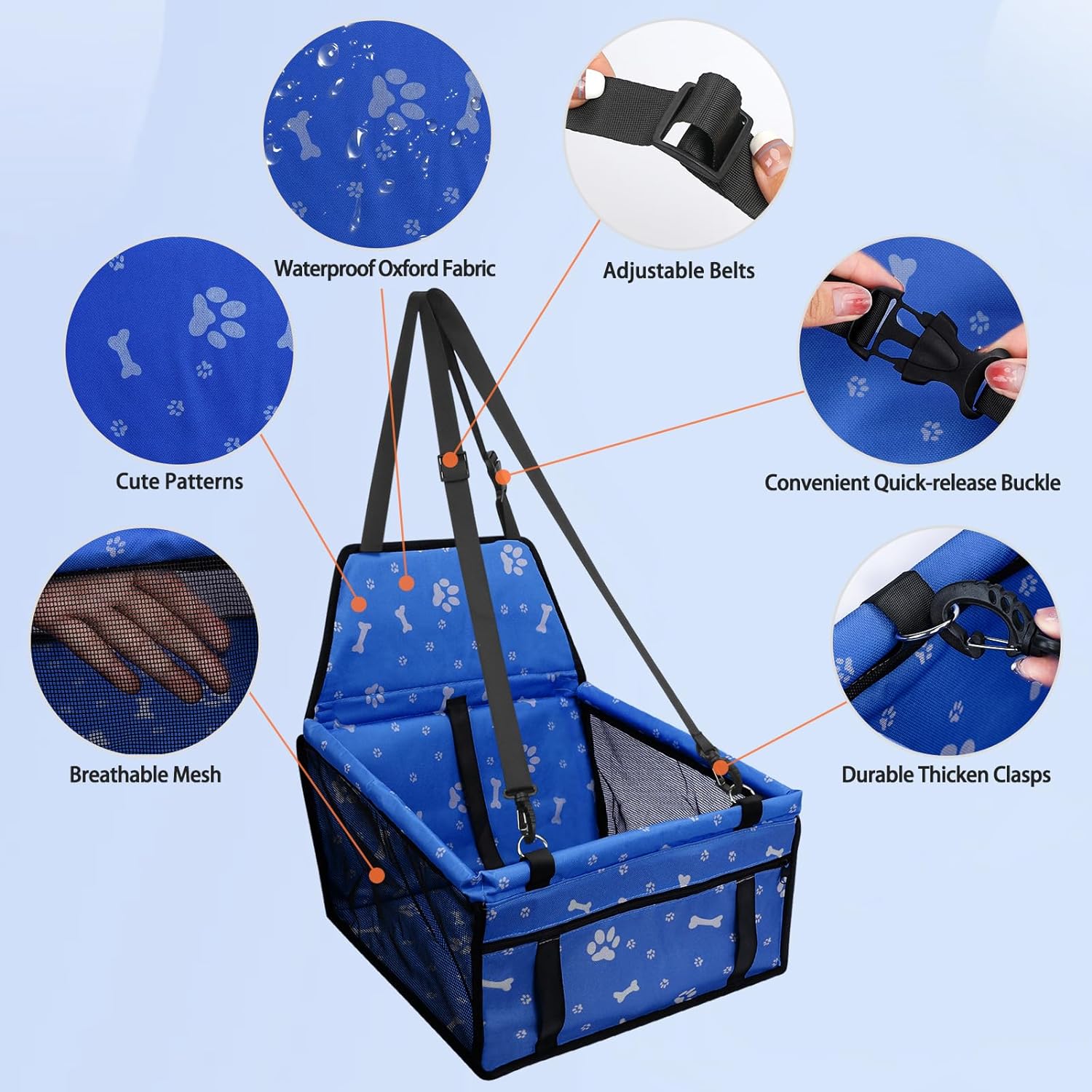 PetsHome Dog Car Seat Foldable Dog Car Booster Seat Waterproof Breathable Oxford Travel Bag for Small to Medium Dogs, Puppies, and Pets-Pattern Black