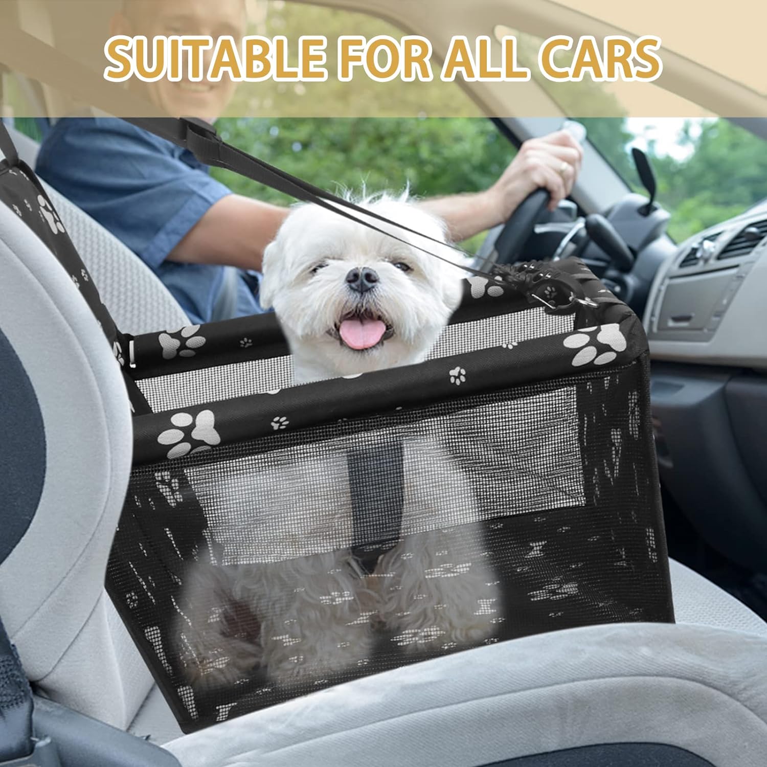 PetsHome Dog Car Seat Foldable Dog Car Booster Seat Waterproof Breathable Oxford Travel Bag for Small to Medium Dogs, Puppies, and Pets-Pattern Black