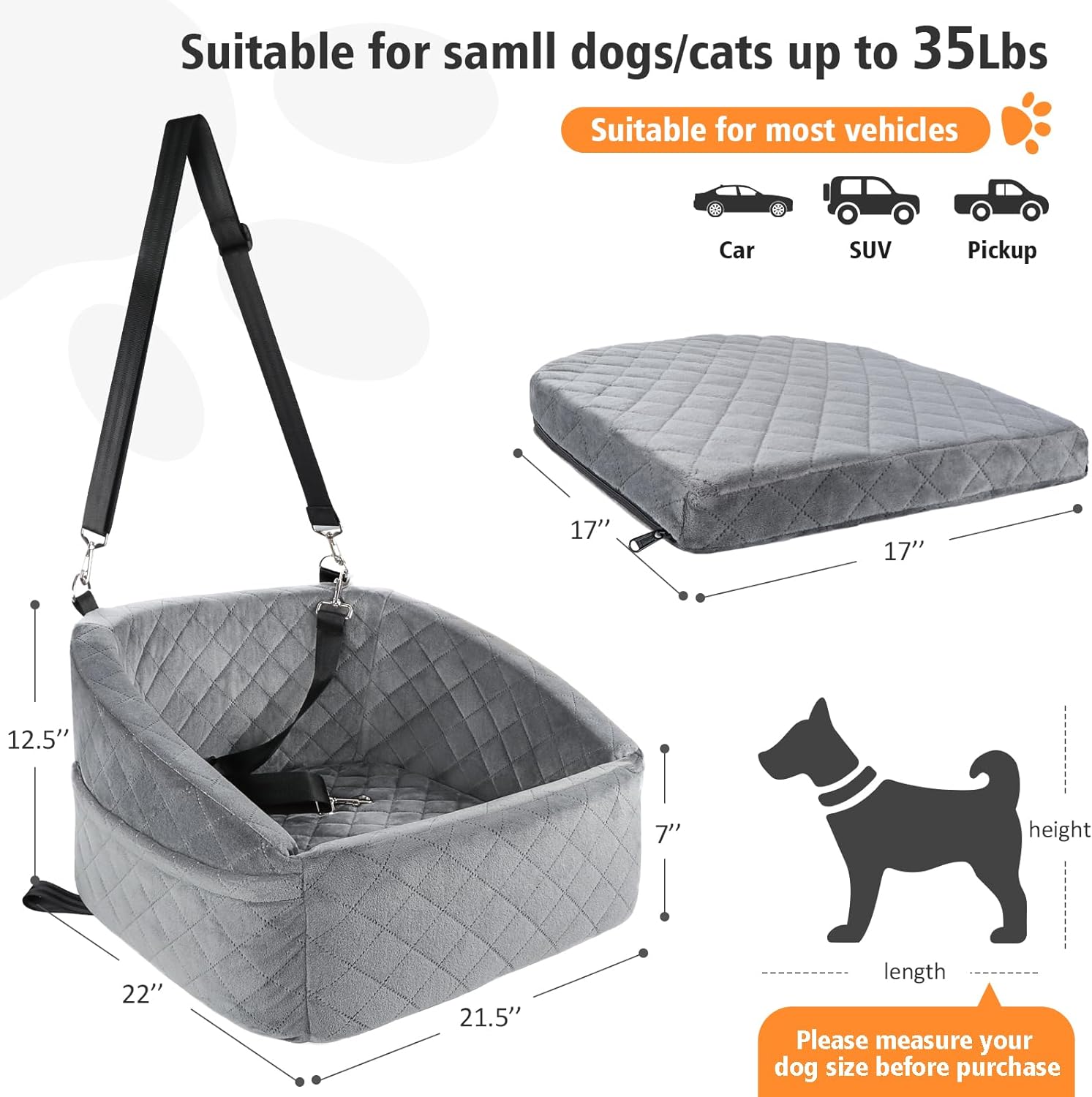 Dog Car Seat for Small Dogs Detachable Washable Dog Booster Seat for Medium Dogs Under 35lbs, Pet Car Seat Travel Bed with Storage Pockets and Dog Safety Belt