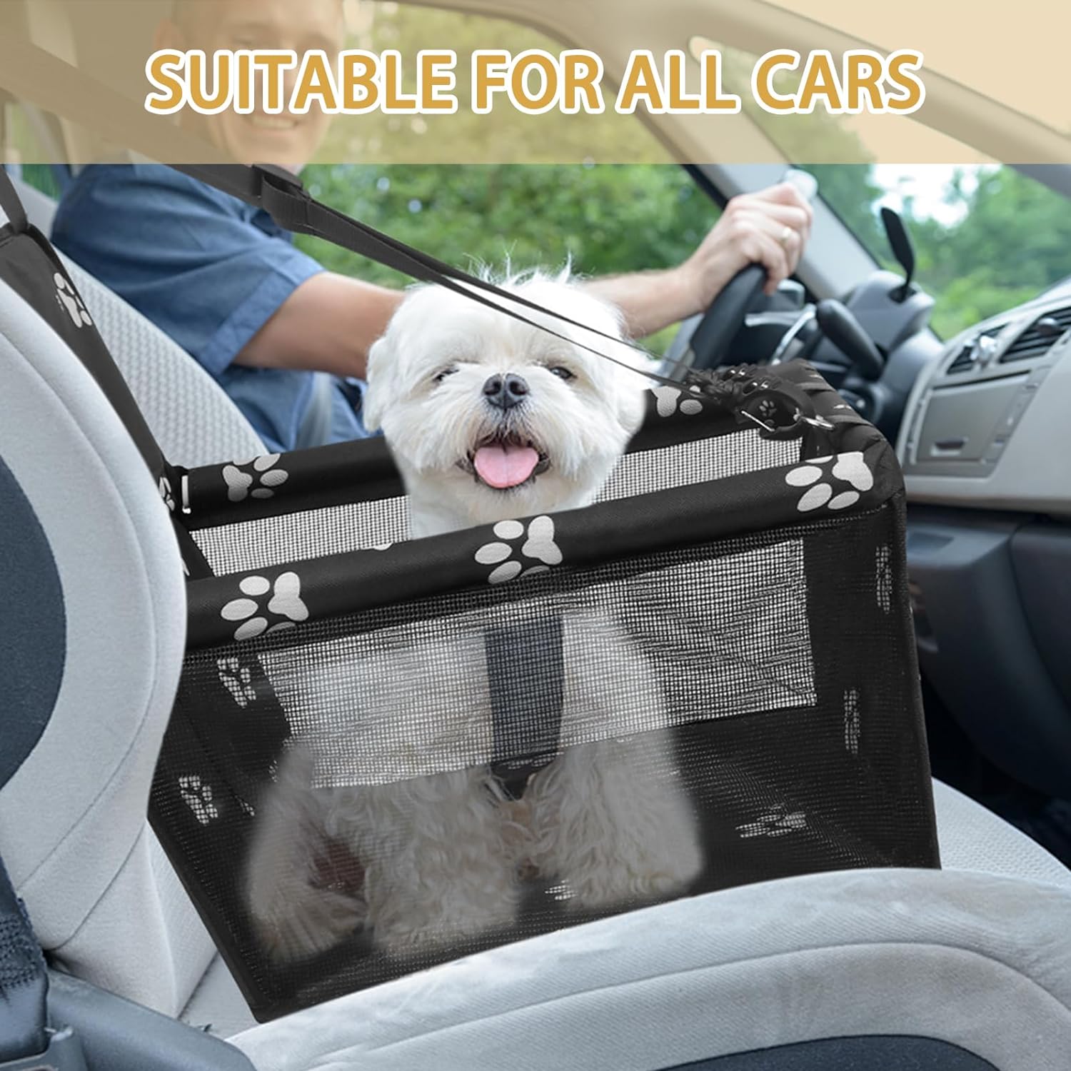 PetsHome Dog Car Seat Foldable Dog Car Booster Seat Waterproof Breathable Oxford Travel Bag for Small to Medium Dogs, Puppies, and Pets-Pattern Black